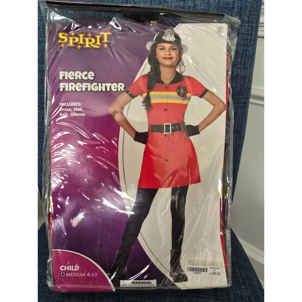 Spirit Halloween Fierce Firefighter Costume Child Medium 8-10 Red 4pc Set New